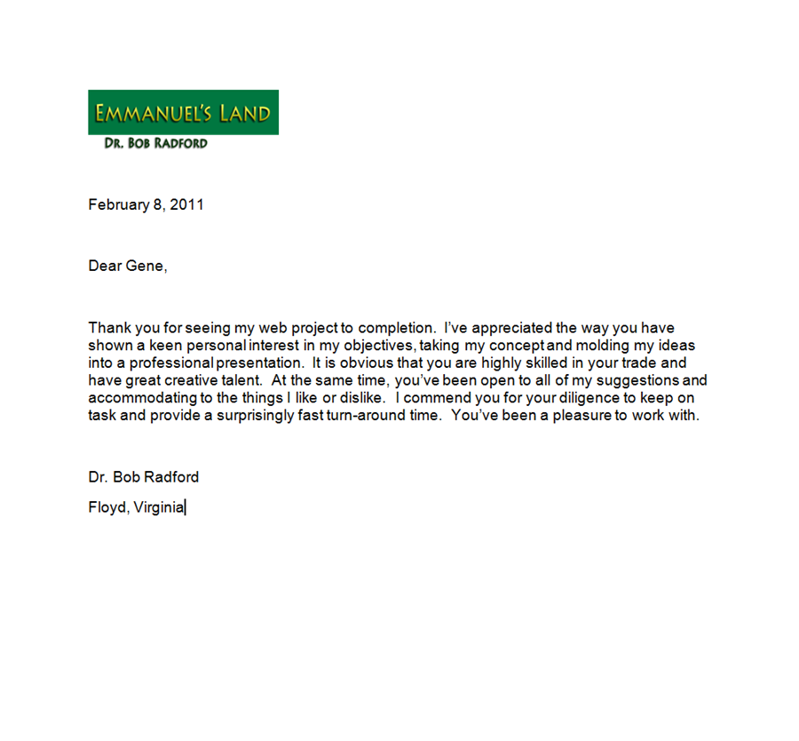 Testimonial Letter from Emmanuel's Land Website